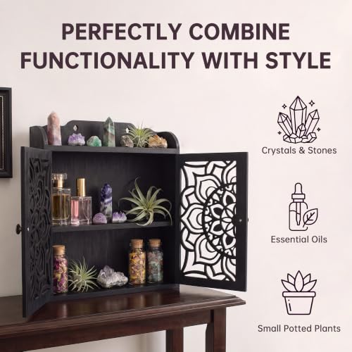 Trinket Shelf, Crystral Shelf Display, Gothic Room Decor, Rock Display Case | Witchy Shelf with Doors, Crystal Display Shelf, Storage Cabinet with Carved Door, Essential Oil Organizer & Stone Holder