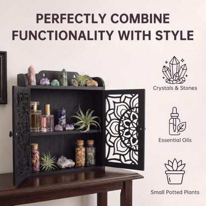 Trinket Shelf, Crystral Shelf Display, Gothic Room Decor, Rock Display Case | Witchy Shelf with Doors, Crystal Display Shelf, Storage Cabinet with Carved Door, Essential Oil Organizer & Stone Holder