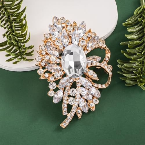 SELOVO Big Large Flower Bow Brooch Scarf Decoration Brooch Pin Gold Tone - color: Clear&Gold-tone
