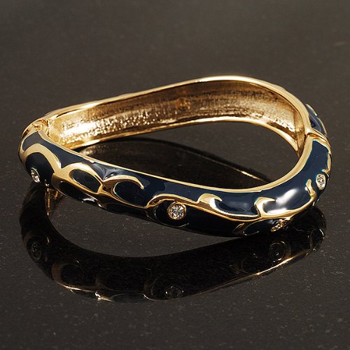 Avalaya Navy Blue Enamel Curvy Crystal Hinged Bangle (Gold Tone Finish)
