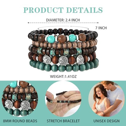 5pcs Wooden Bead Bracelet Set with Charm and Tassel for Men & Women - Stackable Boho Bracelets, Amber Color Scheme Adjustable Bracelet - color: Brown Cyan