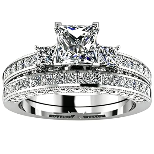 Cubic Zirconia Wedding Ring Set Stainless Steel Princess Cut Three Stone Engagement Ring Set Bridal Band Jewelry for Mother’s Day Ladies Her - style: Style 3