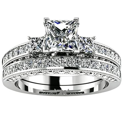 Cubic Zirconia Wedding Ring Set Stainless Steel Princess Cut Three Stone Engagement Ring Set Bridal Band Jewelry for Mother’s Day Ladies Her - style: Style 3