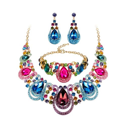 Women's Statement Jewelry Set for Wedding Prom Accessories | Shiny Teardrop Crystal Cluster Hollow Necklace Dangle Earrings Chain Bracelet Set for Bride Bridesmaid - color: Multi Colour Gold-Tone