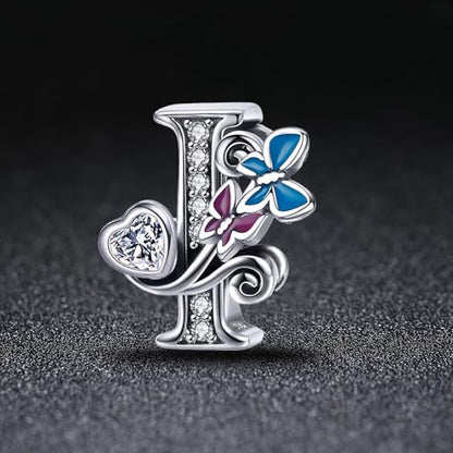 S925 Silver Butterfly Initial Letter Charms Fit for Pandora Charms Bracelets and Necklace Alphabet Bead Charms Jewelry Gifts for Women - color: I