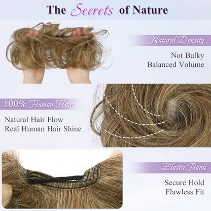RUWISS 100% Human Hair Bun Small Messy Bun Hair Piece, One Hairpiece Two Styles Mini Natural Looking Scrunchies Updo for Daily, Hair Buns for Women Ponytail Extension (Brown Mixed Light Blond) - color: 4/613# Brown Mixed Light Blond