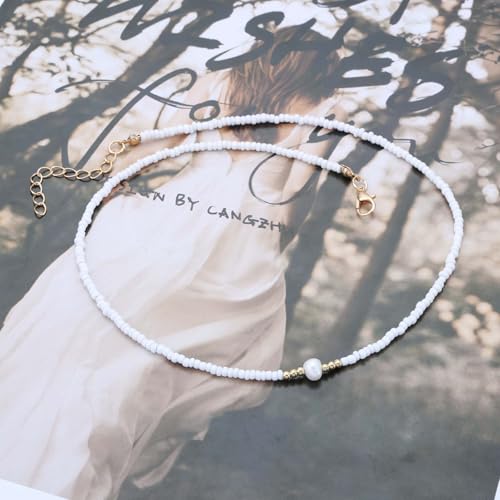 Andelaisi Boho Seed Bead Necklace Vintage Rice Bead Chain Necklace Tiny Ball Chain Choker Single Pearl Collar Hawaiian Beach Collarbone for Women (White)