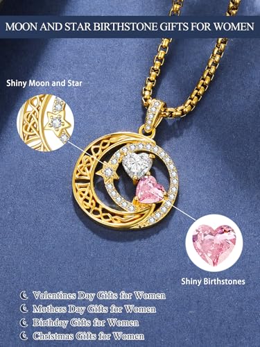 14K Gold Moon and Star Double Birthstone Necklace Gifts for Women | 2 Heart Birthstone Necklace,Mothers Day Wedding Anniversary Birthday Gifts for Wife Mom Daughter Grandma Sister - color: 04-10-Apr-Oct Birthstone
