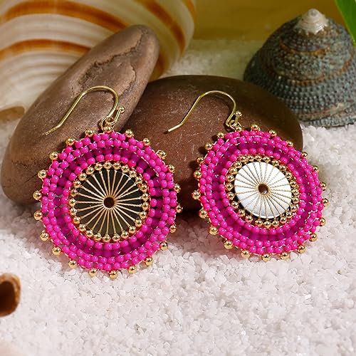 Colorful Bead Earrings For Women Summer Beach Handmade Bead Earrings Bohemia Hoop Dangle Earring For women - color: Pink