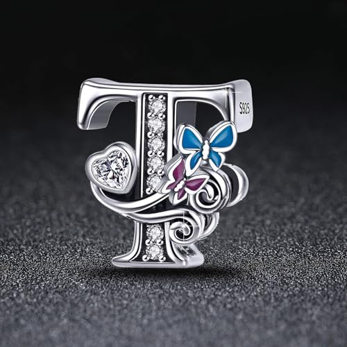 S925 Silver Butterfly Initial Letter Charms Fit for Pandora Charms Bracelets and Necklace Alphabet Bead Charms Jewelry Gifts for Women - color: T