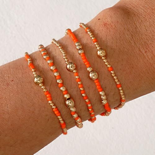 Gold Small Ball Seed Bead Stackable Bracelets Set For Women, Stretch Accessories Handmade Dainty, Daily Party Friendship Gift - color: Orange