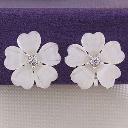 Silver Plated or Gold Plated Opal Flower Shape Clip on Earrings Non Piercing for Women - color: Silver