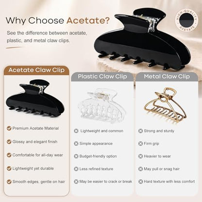 Aileam Acetate Hair Claw Clips for Women,Black White hair clip French Design Strong Hold Non-Slip claw clips for Thick Hair, 2 Pack - color: Black & Iridescent White