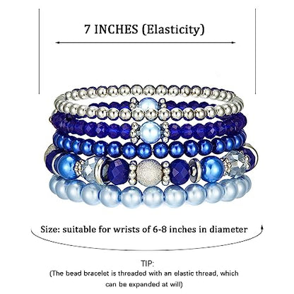 Noessla Beaded Pearl Stretch Bracelet Silver Stackable Crystal Beads Bracelets Trendy Costume Jewelry Mothers Day Gifts for Women - color: Sapphire