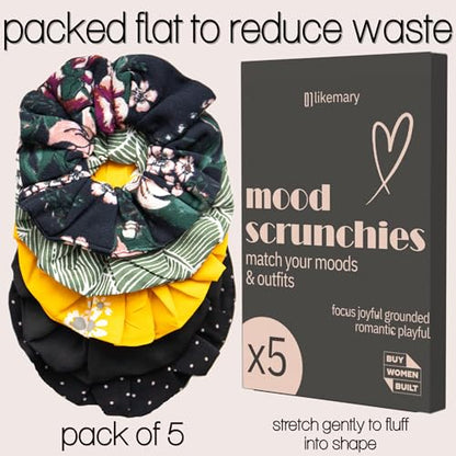 likemary Oversized Hair Scrunchies for Women, Gentle on Thick and Thin Hair | Match Your Mood and Outfit, 5-Pack Snag-Free Elastic Hair Ties for Buns and Ponytails, Made from Reclaimed Fabric, Gift-Boxed
