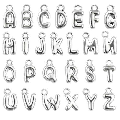 26PCS Letter Silver Charms for Jewelry Making, Silver A-Z Bubble Alphabet Charm Pendants, Bubble Letter Initial Charms for DIY Bracelets Necklaces Earrings Craft Supplies