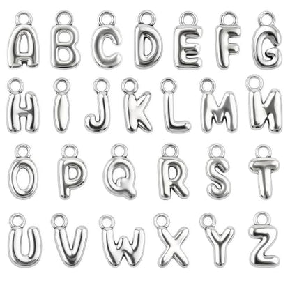 26PCS Letter Silver Charms for Jewelry Making, Silver A-Z Bubble Alphabet Charm Pendants, Bubble Letter Initial Charms for DIY Bracelets Necklaces Earrings Craft Supplies