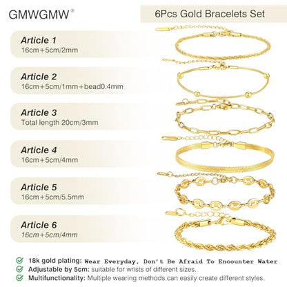 18K Gold Plated Necklace Bracelet Set Womens Stackable Adjustable Stainless Steel Minimalist Modern Everyday Jewelry Gift Gold and Silver - style: 6 Pcs Glod Bracelets