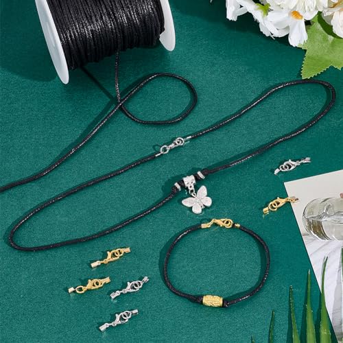PH PandaHall Waxed Cord with Jewelry Clasp Kit, 50 Yards 2mm Black Waxed Cotton Threads with Lobster Claw Clasps Fold Over Cord Ends Wax Cord Beading String for DIY Bracelet Necklaces Jewelry Making
