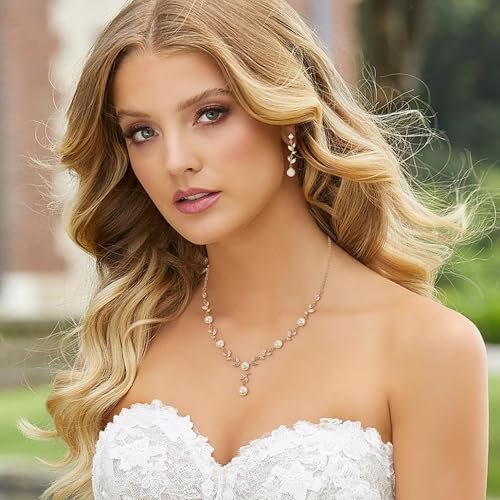 EleQueen Women's Simulated Pearl Wedding Jewelry Set for Brides | Cubic Zirconia Necklace Earrings Bracelet Set for Brides Bridesmaids, Bridal Jewelry Set for Anniversary/Memorial Day - style: Elegant Necklace Set Gold-Plated-Base