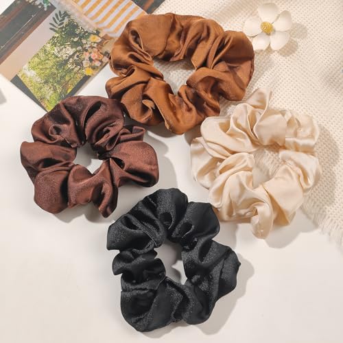 Hair Scrunchies for Women - Hair Ties No Damage Both for Thick Hair or Thin Hair Curl Hair No Crease Scrunchies Ponytail Holder No Hurt Your Hair - color: Black Brown Kaki Beige