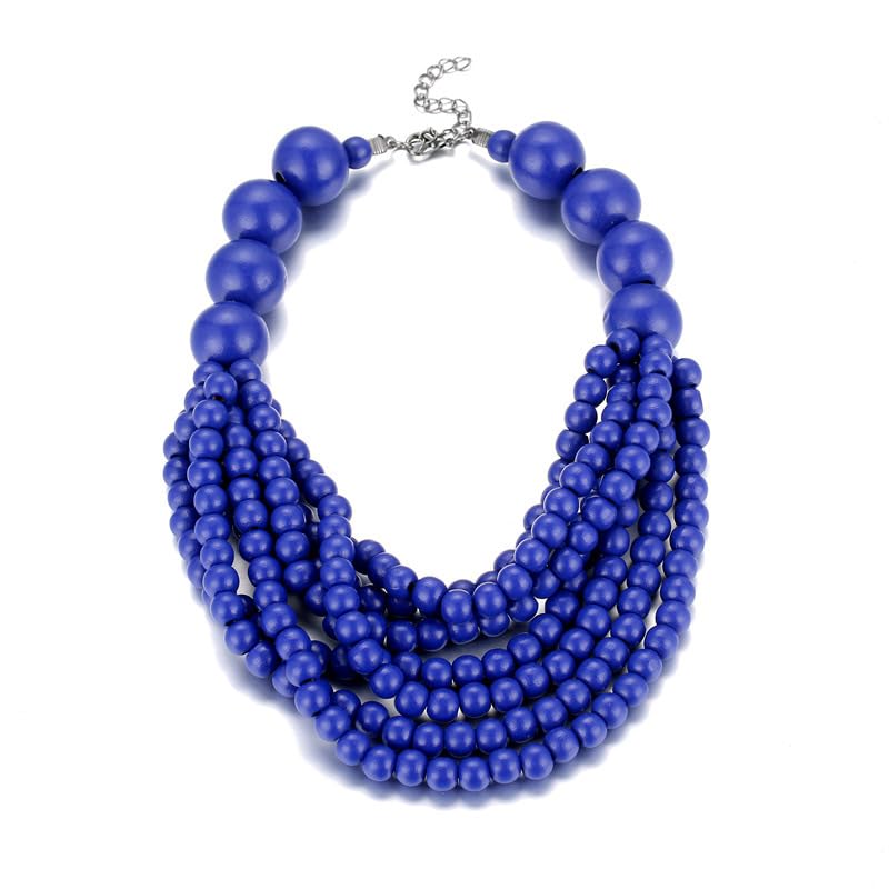 COLORFUL BLING Boho African Wooden Beaded Strands Necklace Ethnic Layered Chunky Collar Choker Wood Necklace for Women Hip Hop Statement Jewelry - color: dark blue