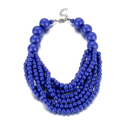 COLORFUL BLING Boho African Wooden Beaded Strands Necklace Ethnic Layered Chunky Collar Choker Wood Necklace for Women Hip Hop Statement Jewelry - color: dark blue