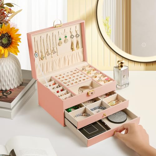 coobest 3 Layer Jewelry Box, Jewelry Holder with Lockable Drawer, Large Jewelry Boxes & Organizer with Velvet Earring Holder, Gifts for Mom Women - color: Pink, size: 3 Layer