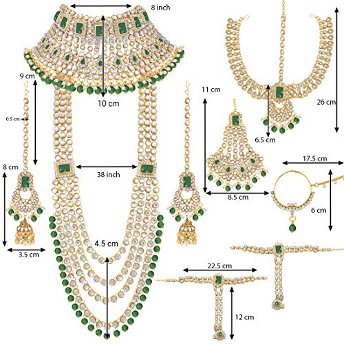 Aheli Traditional Wedding Indian Bharatanatyam jewellery set Long Choker Necklace Earrings Maang Tikka Nath Paasa Hath Phool for Women - color: Green