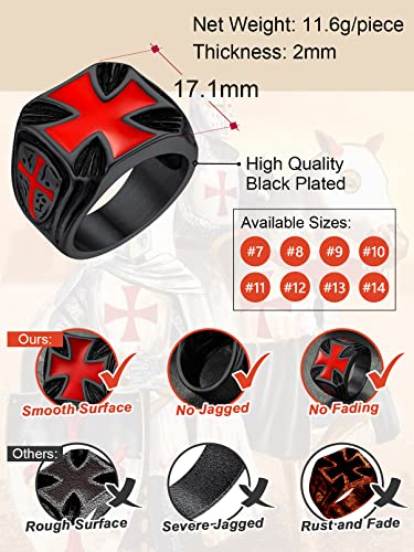 FaithHeart Mens Stainless Steel Crusader Jerusalem Cross Ring with 18K Gold Plated Two Tone Ring Size 7,8,9,10,11,12 - color: 03. Shield Cross-Black