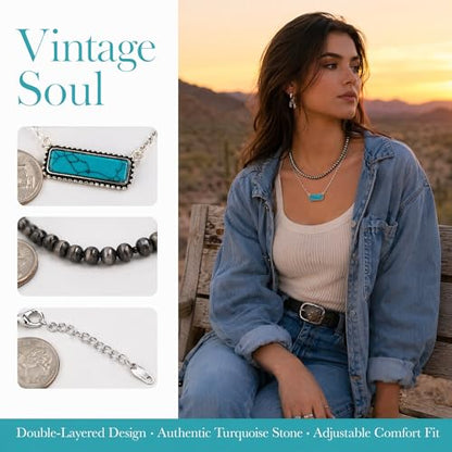 Layered Western Necklace for Women Silver Beaded Choker with Turquoise Bar Pendant Boho Country Jewelry Pearl Necklaces an Ideal Present for Her