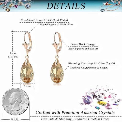 Austrian Crystal Teardrop Leverback Dangle Earrings for Women Fashion 14K Gold Plated Hypoallergenic Jewelry - color: Topaz