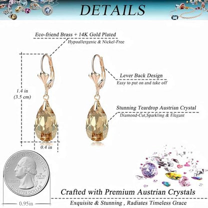 Austrian Crystal Teardrop Leverback Dangle Earrings for Women Fashion 14K Gold Plated Hypoallergenic Jewelry - color: Topaz