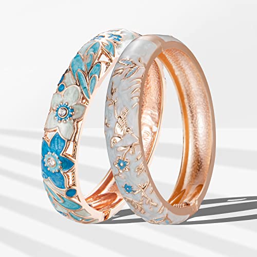 UJOY Handcraft Cloisonne Jewelry Bracelet Colorful Enamel Butterfly Flower Bird Hollowed Spring Hinged Cuff Bangles Women Gifts Pack in Box 88A11 - color: A11-2 Pcs/set-Butterfly-Light Blue