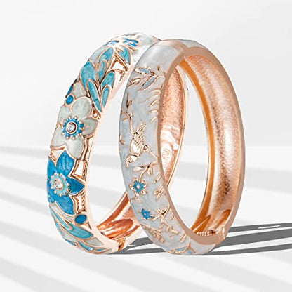 UJOY Handcraft Cloisonne Jewelry Bracelet Colorful Enamel Butterfly Flower Bird Hollowed Spring Hinged Cuff Bangles Women Gifts Pack in Box 88A11 - color: A11-2 Pcs/set-Butterfly-Light Blue