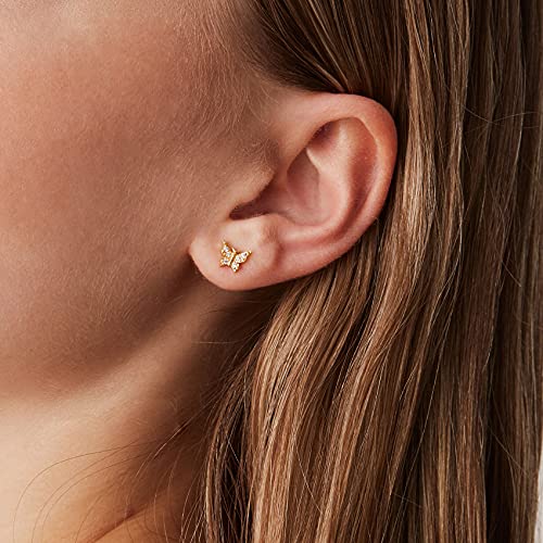 PAVOI 14K Gold Plated Dainty Stud Earrings for Women, CZ Earring Piercing | Hypoallergenic Earrings with 925 Sterling Silver Posts, Bolt, Moon, Star & Flower Celestial Studs with Cubic Zirconia - style: Butterfly