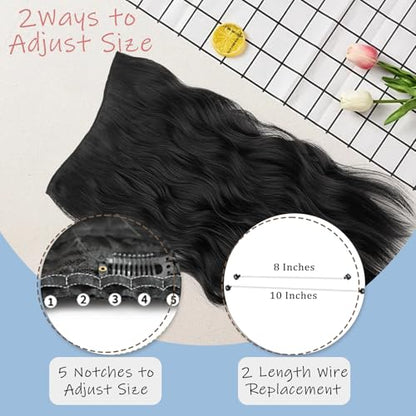 Natural Black Halo Hair Extensions 20 Inch Synthetic Hair for Women | Wavy Texture with Invisible Wire and 4 Secure Clips for Easy Daily Styling Party Wear and Added Length - color: Black