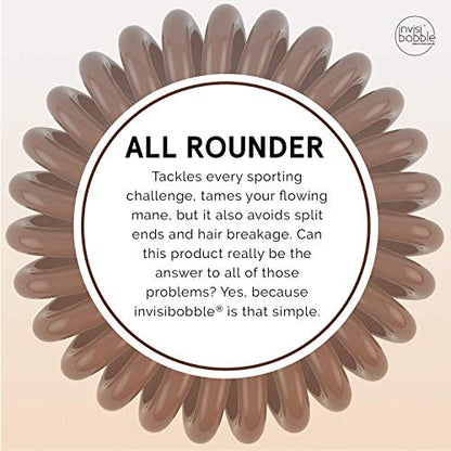 invisibobble Power Traceless Spiral Hair Ties - 3 Pack - Pretzel Brown - Strong Elastic Grip Coil Hair Accessories for Active Women - No Kink, Non Soaking - Gentle for Girls Teens and Thick Hair - color: brown