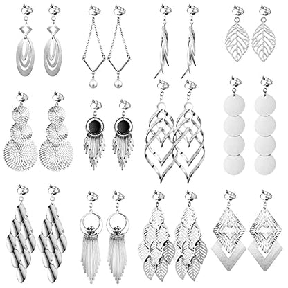 Hicarer 12 Pairs Clip on Earrings Dangle Drop Dangle Earrings Set Bohemian Tassel Pendant Plated Ear Non Piercing for Women Jewelry Gifts Wedding Party - color: Silver