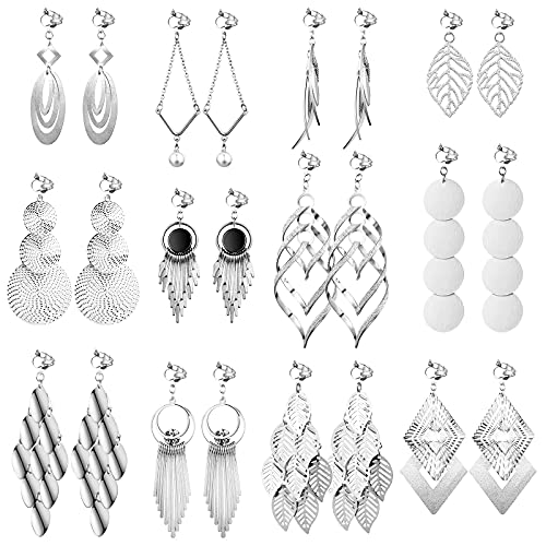 Hicarer 12 Pairs Clip on Earrings Dangle Drop Dangle Earrings Set Bohemian Tassel Pendant Plated Ear Non Piercing for Women Jewelry Gifts Wedding Party - color: Silver