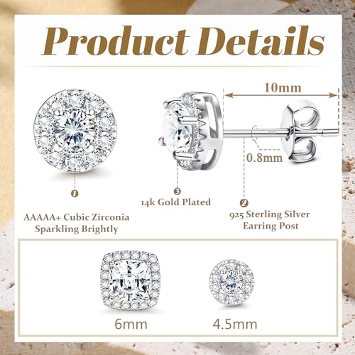 18K Gold Plated Halo Stud Earrings 925 Sterling Silver Cubic Zirconia Stud Earrings Round Square Diamonique Stud Earrings Set for Women Men - color: Silver2
