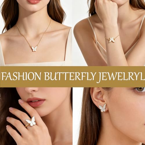 Butterfly Jewelry Set, Including Butterfly Necklace, Bracelet, Stud Earrings, and Adjustable Ring for Women - color: White