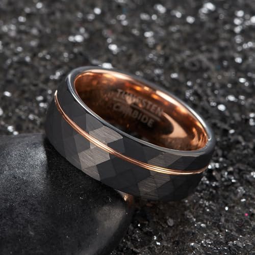 Men's Geometric Faceted Split Band – 8mm Wide Black Tungsten Wedding Ring with Rose Gold Accent (US Sizing)