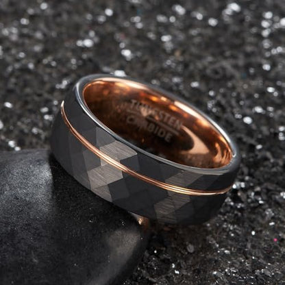 Men's Geometric Faceted Split Band – 8mm Wide Black Tungsten Wedding Ring with Rose Gold Accent (US Sizing)