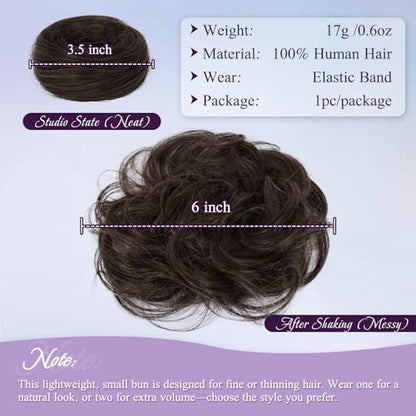 RUWISS 100% Human Hair Bun Small Messy Bun Hair Piece, One Hairpiece Two Styles Mini Natural Looking Scrunchies Updo for Daily, Hair Buns for Hair Women (Dark Brown with 15% Dark Cocoa Blonde) - color: 2/4# Dark Brown with 15% Dark Cocoa Blonde