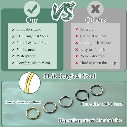 Jstyle 5Pcs 316L Surgical Steel Septum Rings Nose Rings Hoop 16G 18G 20G Hinged Clicker Hoop Nose Rings for Women Men Cartilage Hoop Earring Lip Helix Rook Tragus Conch Septum Nose Piercing Jewelry - style: 18G 8MM