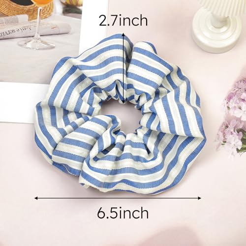 Big Blue White Striped Scrunchies for Women 2 Pack Large Hair Ties, Fabric Ponytail Holders Elastic Hair Bands Women Girls Hair Accessories - color: Stripede Blue