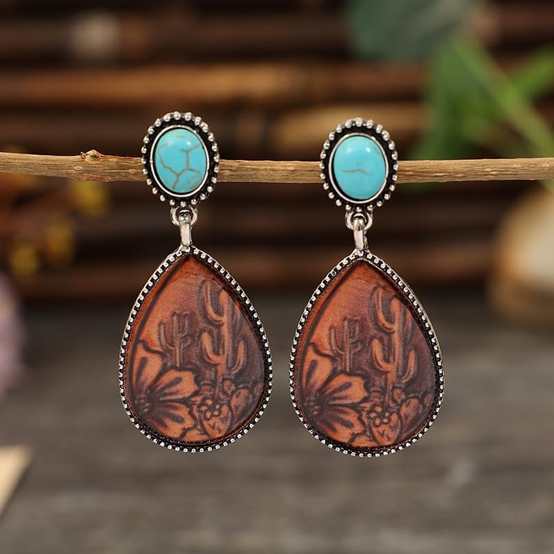 Boho Western Earrings for Women Western Feather Earrings Vintage Concho Turquoise Teardrop Dangle Earrings Country Concert Jewelry Accessories - style: Silver Brown Turquoise