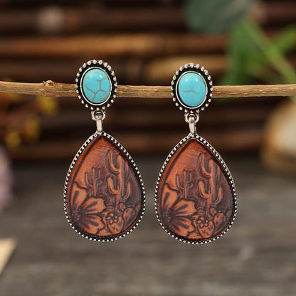 Boho Western Earrings for Women Western Feather Earrings Vintage Concho Turquoise Teardrop Dangle Earrings Country Concert Jewelry Accessories - style: Silver Brown Turquoise
