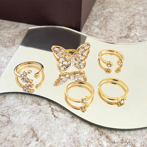 HUASAI Gold Stackable Rings Set for Women Boho Dainty Moon Star Pearl Leaf Cubic Zirconia Heart Midi Pinky Trendy Jewelry Birthday Gifts - color: Y Gold Butterfly Rings 5 Pcs